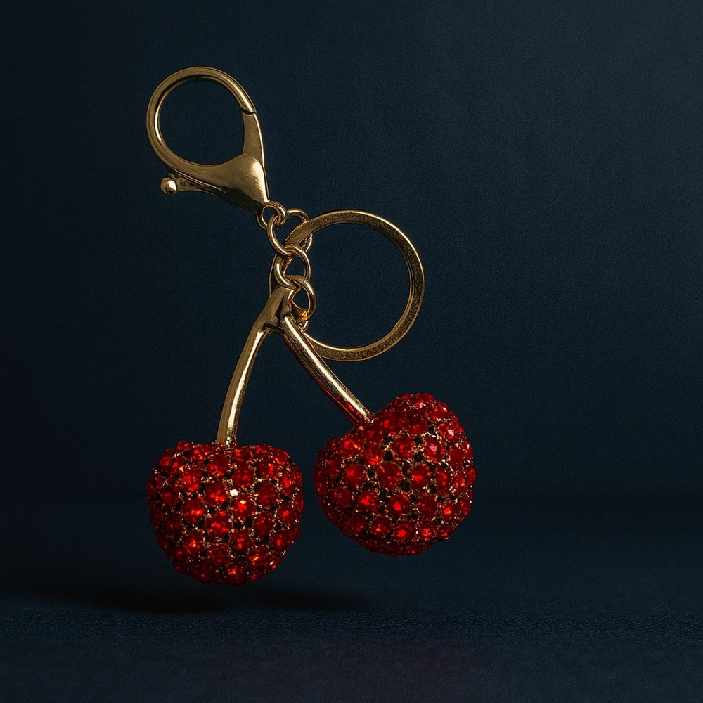Red Cherry Keychain with Gold Accents